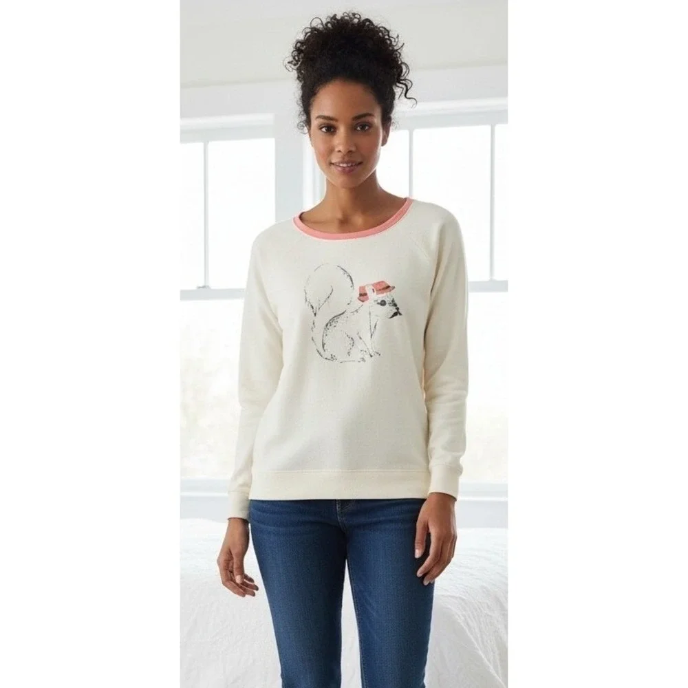 Arizona Jean Co Womens Sweater Squirrel Animal Print Back Buttons Pullover Large